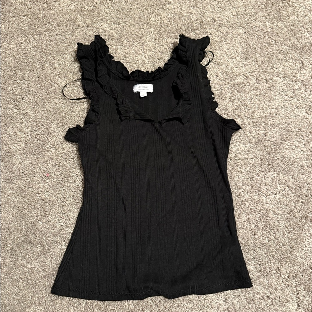 True Craft Black Ruffle Tank Top